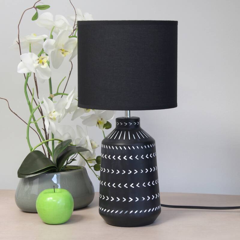 Tribal Style Hand Painted Ceramic Table Lamp with Drum Shade - 17" - Black