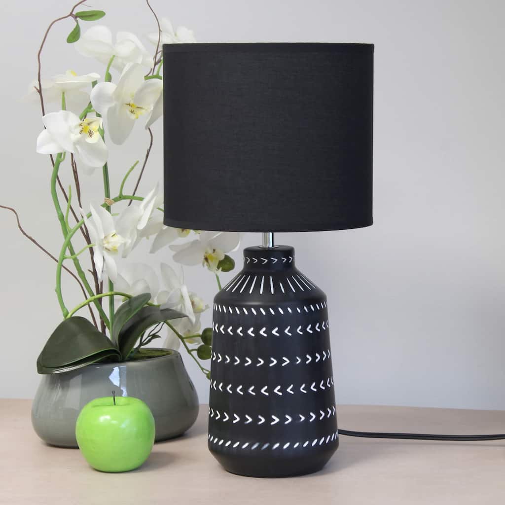 Tribal Style Hand Painted Ceramic Table Lamp with Drum Shade - 17" - Black