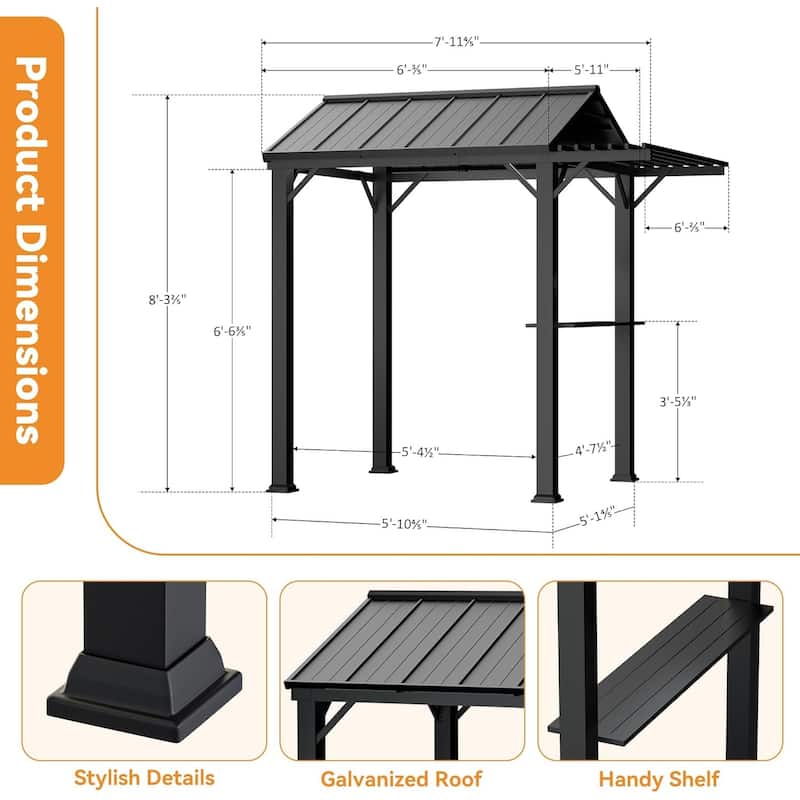 Grill Gazebo 6' x 8' with Galvanized Steel Roof and Pergola Extension,Black