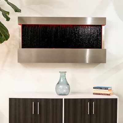 47" Indoor Wall-Mounted Waterfall Mirror Fountain - LED Lighted Silver Metal Décor with Rock Base by XBrand