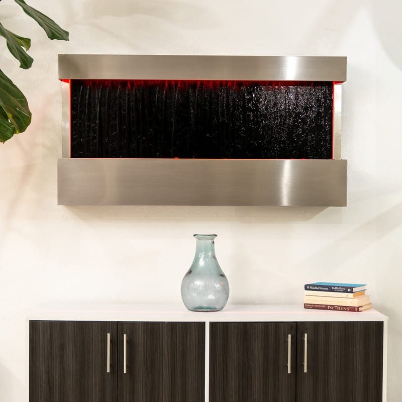 47" Indoor Wall-Mounted Waterfall Mirror Fountain - LED Lighted Silver Metal Décor with Rock Base by XBrand