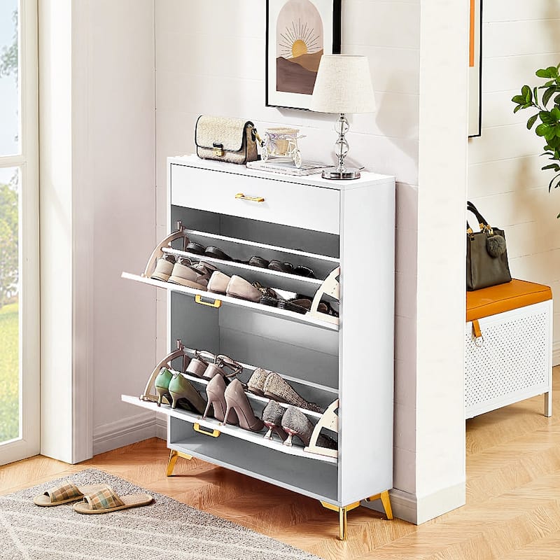 Entryway Wood Shoe Storage Cabinet-2 Tire Drawers-Up to 16 Pairs Shoes - White