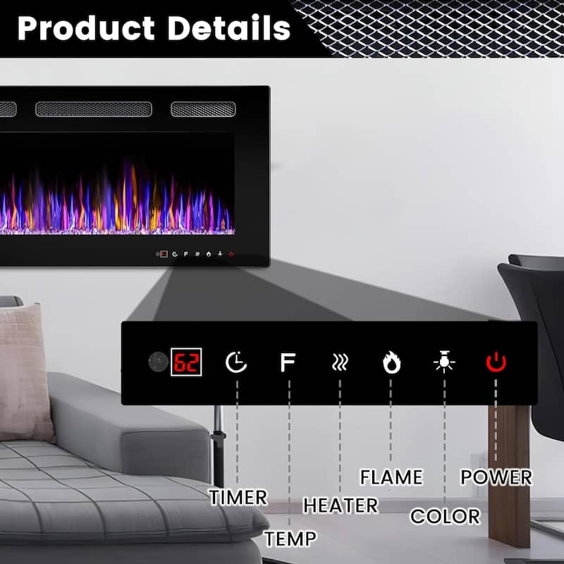 BOSSIN Electric Fireplace Wall Mounted and Recessed with Remote Control, 750/1500W Ultra-Thin Wall Fireplace Heater, Low Noise