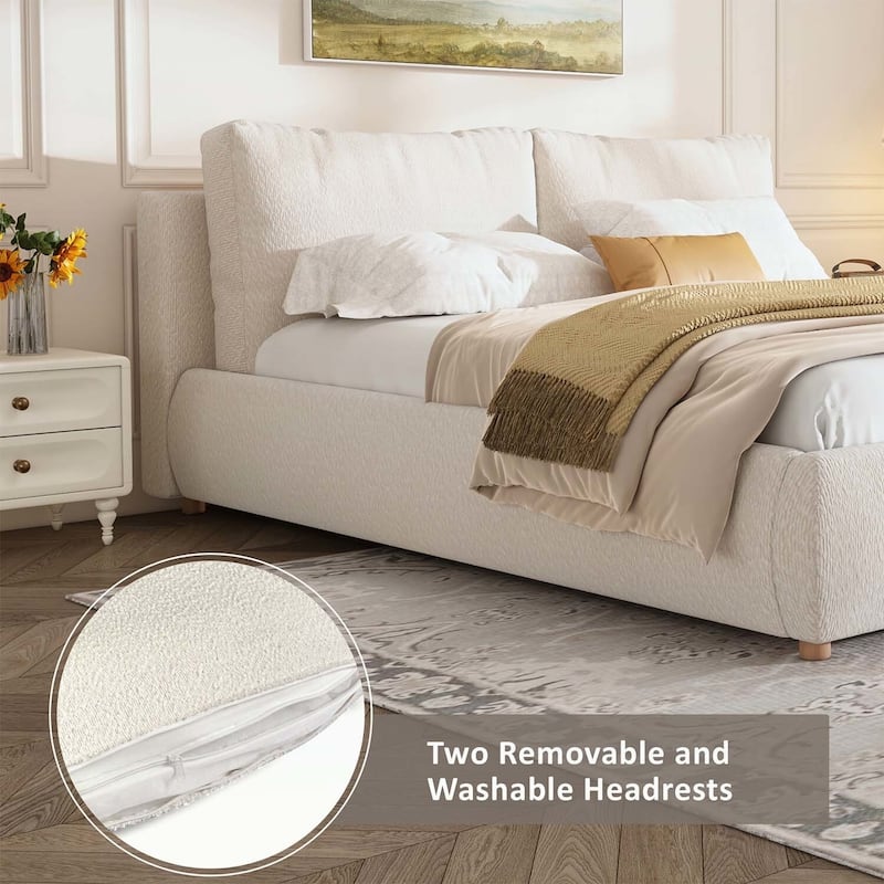 Luxurious Upholstered Platform Bed with Versatile Pillows and Graceful Headboard