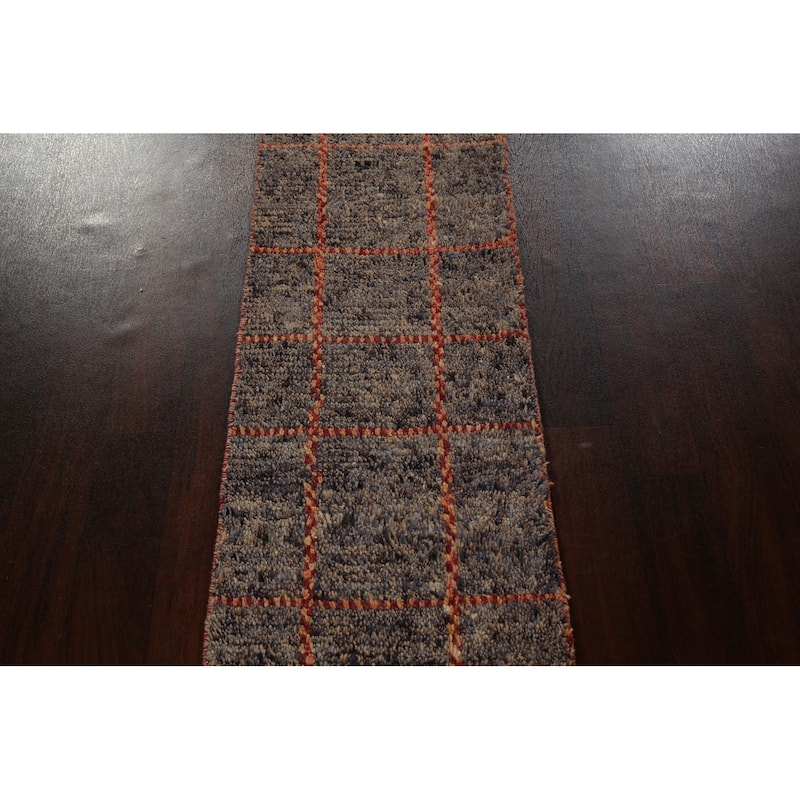 Geometric Checkered Moroccan Oriental Runner Rug Handmade Wool Carpet - 1'10" x 17'3"
