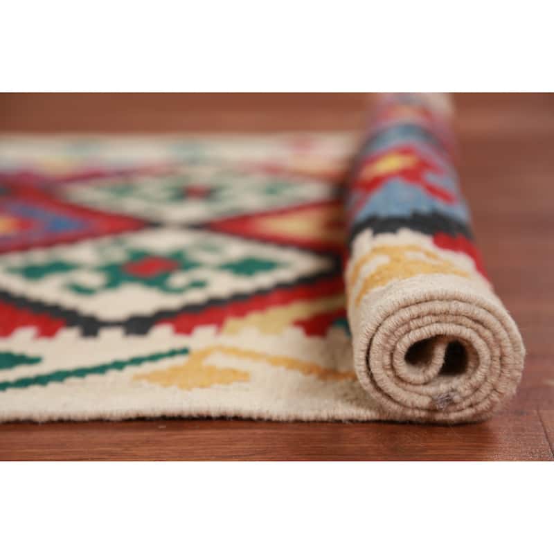 Hand Woven Oriental 100% Wool Carpet Southwestern Geometric Multi-Colored Kilim Runner Rug - 13' 2'' X 2' 9''