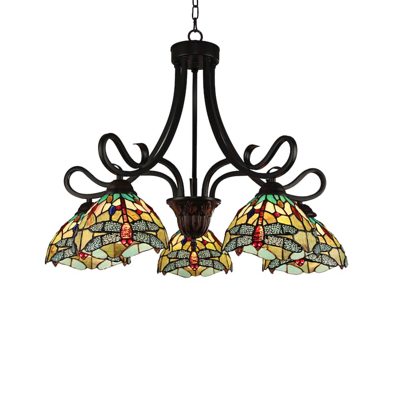 Tiffany-Style Dragonfly Design 5-light Dark Bronze Chandelier - Bronze/ Green