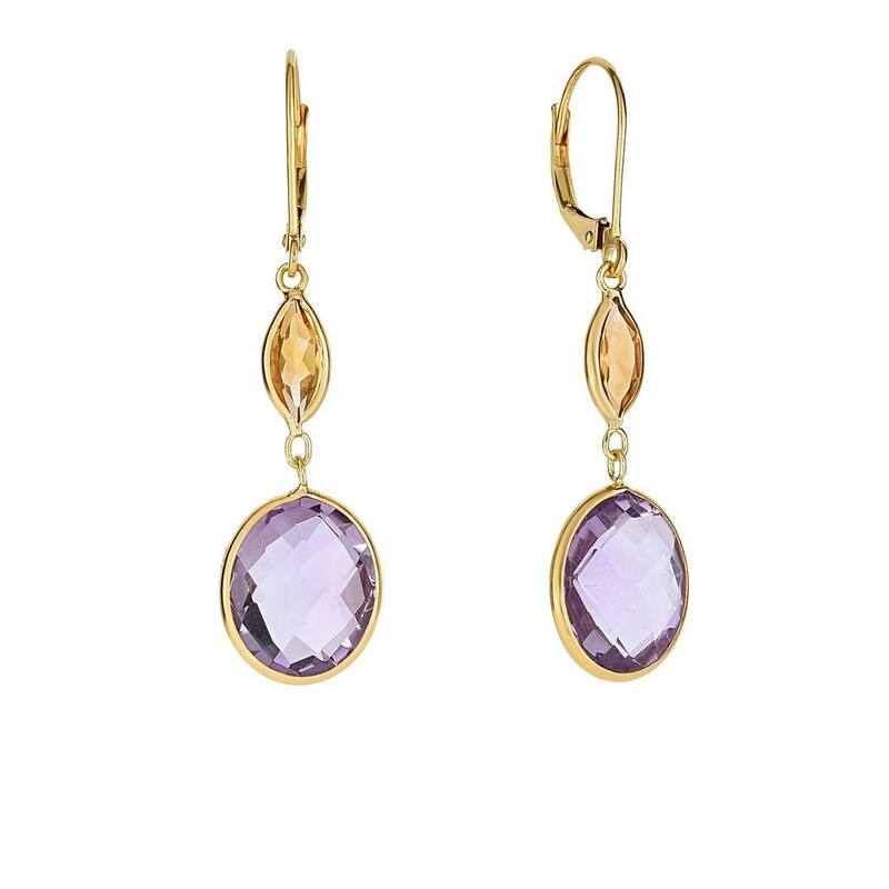 Curata 14k Yellow Gold 40x10mm Earrings 5x3mm Marquis Citrine 10x8mm Briolette Amethyst Lever Back Clasp