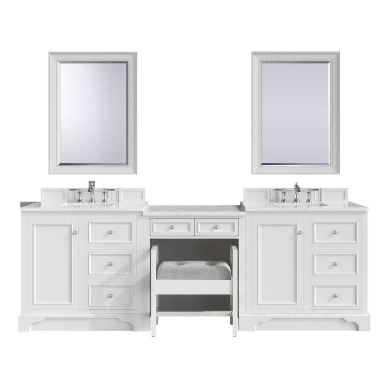 James Martin De Soto 102" Double Sink Bathroom Vanity Deluxe Set, Bright White with 3cm Eternal Jasmine Pearl Quartz Top