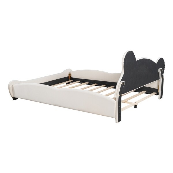 Queen Size Velvet Platform Bed with Bear-Shaped Headboard