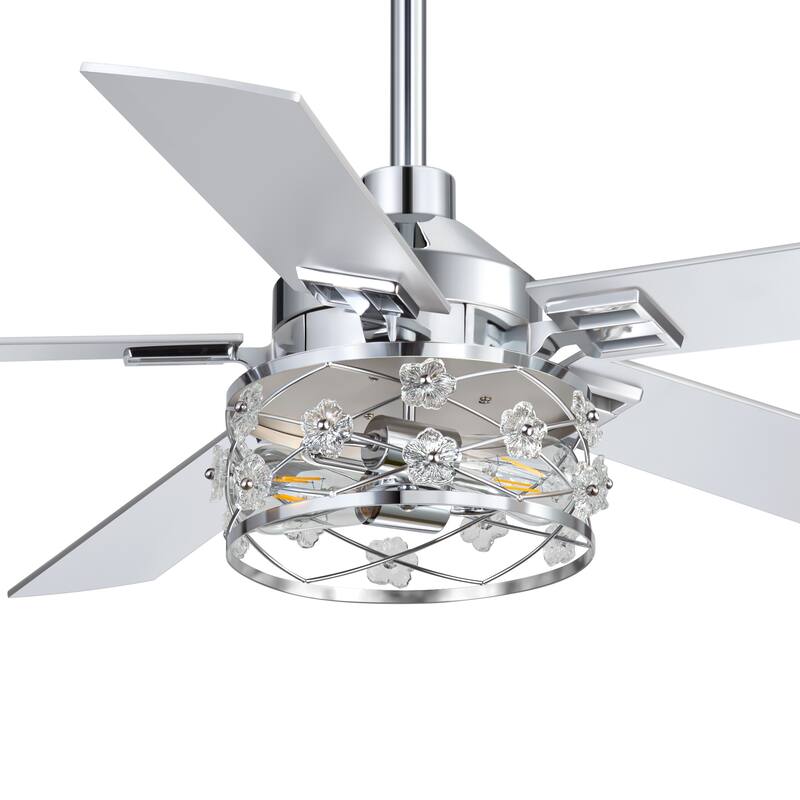 52" Reversible 5-Blade Farmhouse Glam Floral Glass Caged Ceiling Fan with Light and Remote