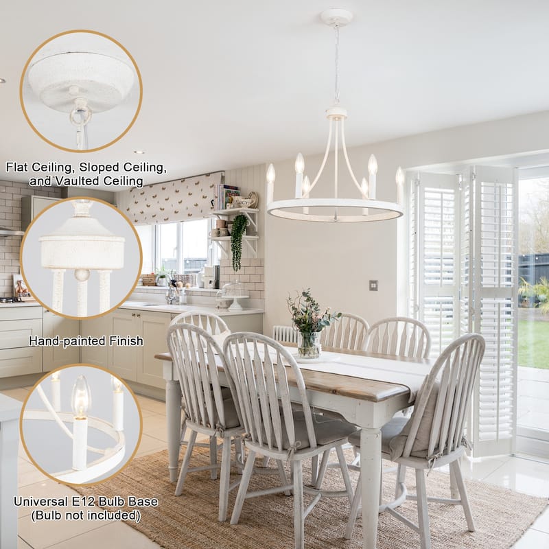 6-Light Farmhouse Candle Circle Hanging Wagon Wheel Chandelier Lighting for Kitchen Island