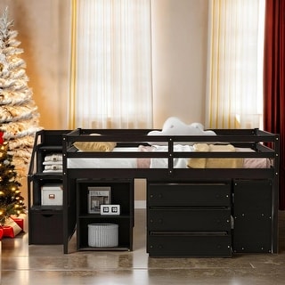 Full Size Loft Bed with Retractable Writing Desk and 3 Drawers, Wooden Loft Bed with Storage Stairs and Shelves,Espresso