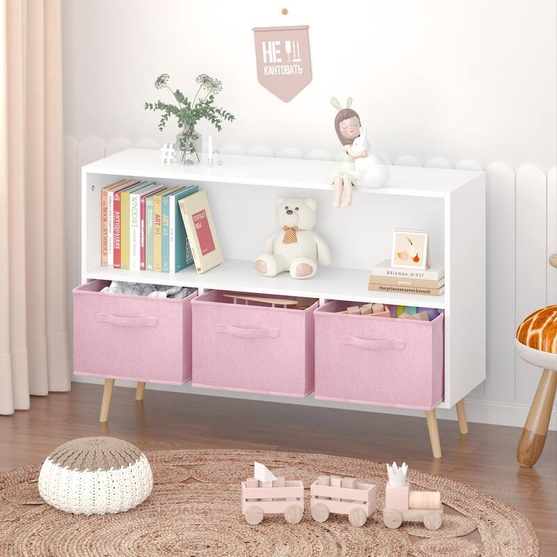 Anmytek White and Pink Kids Bookcase Toy Storage Organizer Cabinet with Fabric Drawers
