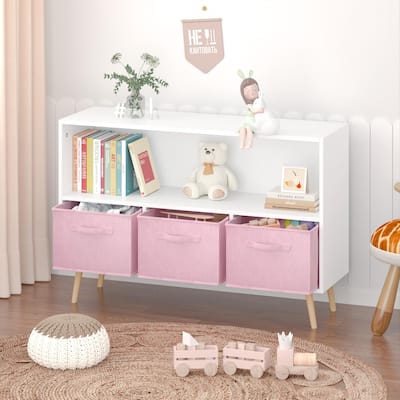 Kids bookcase with Collapsible Fabric Drawers,Children's Book Display,Toy Storage Cabinet Organizer,White/Pink