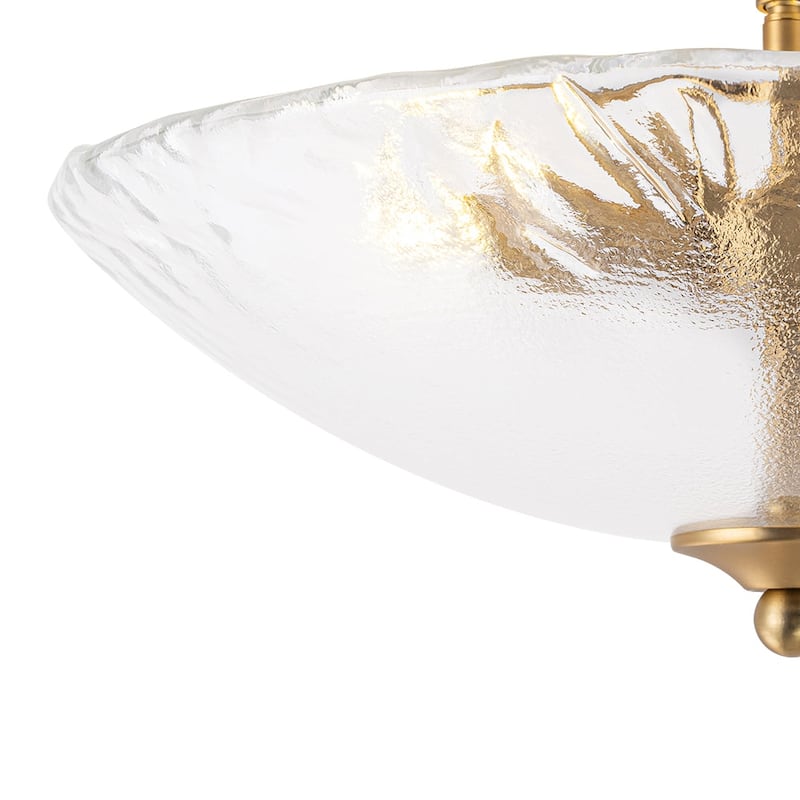 Mid-Century Brass Round Glass Bowl Semi Flush Ceiling Light 15in