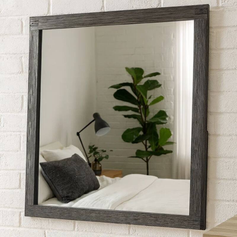 Wall Mirror with Rectangular Frame and Natural Wood Grain Details, Dark Brown