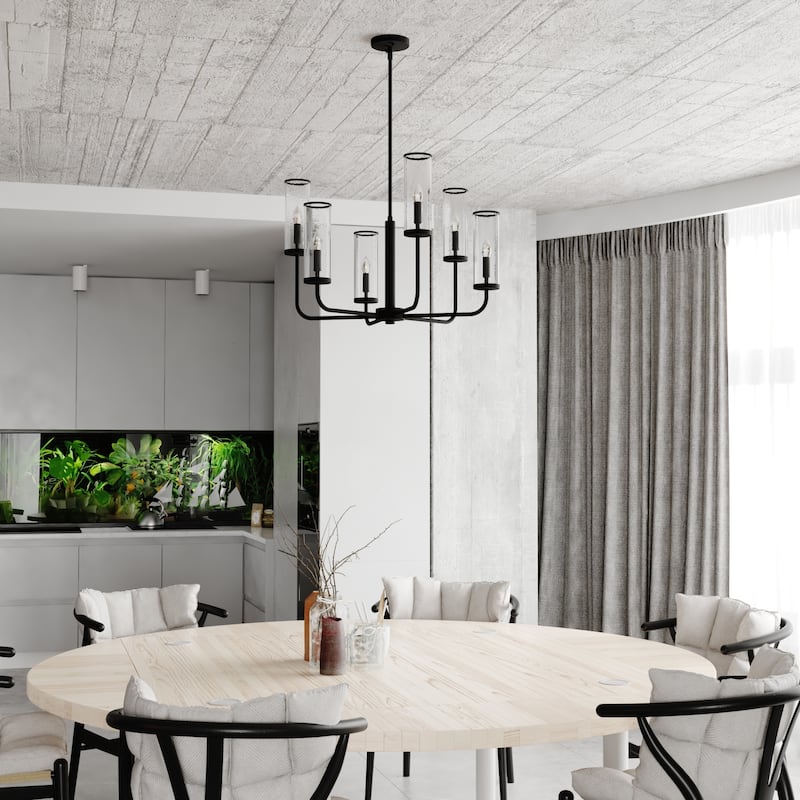 Glencoe 6 Light Matte Black Multi-Level Chandelier Clear Crackle Glass - 28-in W x 21.75-in H x 28-in D