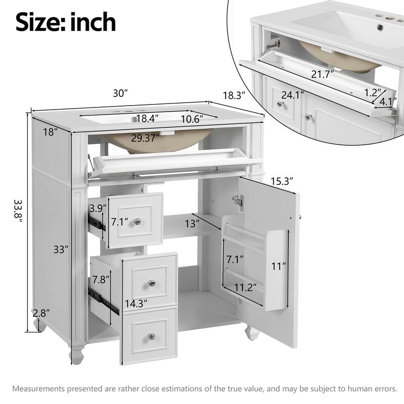 30'' Freestanding Bathroom Vanity with Single Integrated White Ceramic Sink - 30'' x 18.3'' x 33.8''