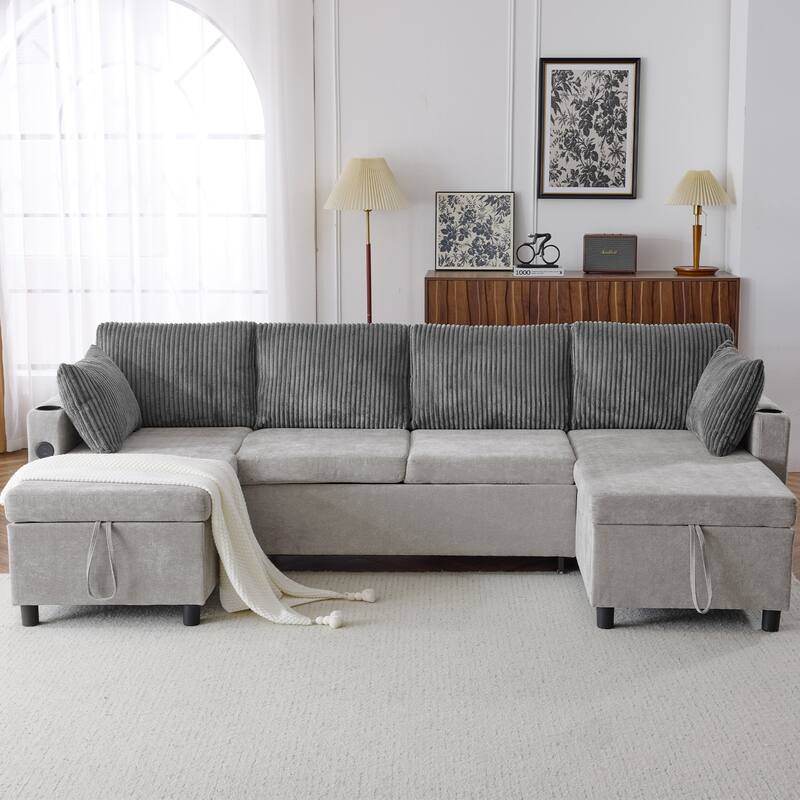 Sectional Sofa Pull-out Sofa Bed with Large Storage Space, 2 USB Ports and 2 Cup Holders Chenille Tufted Couch