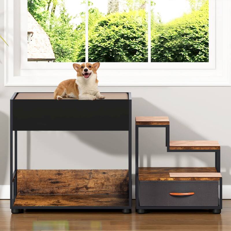 Pet Step Window Perch, for Dogs Bedside Lounge Elevated Dog Bed Multi-Level Platform, Non-Slip Pad and Storage - Black