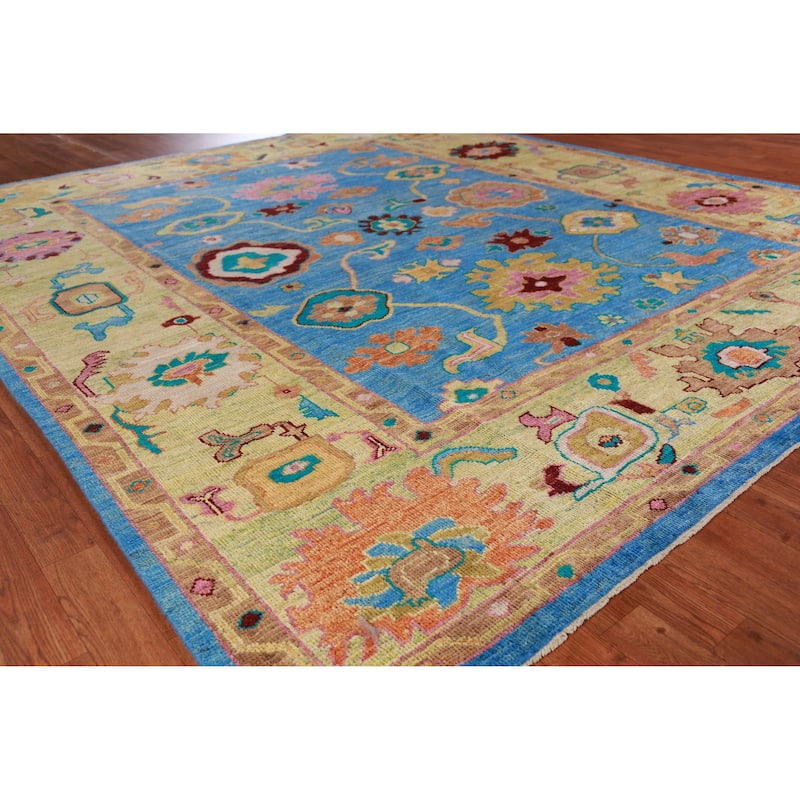 Transitional Blue Oushak Turkish Area Rug Hand-Knotted Wool Carpet - 8'1" x 9'8" - 8'1" x 9'8" - Blue