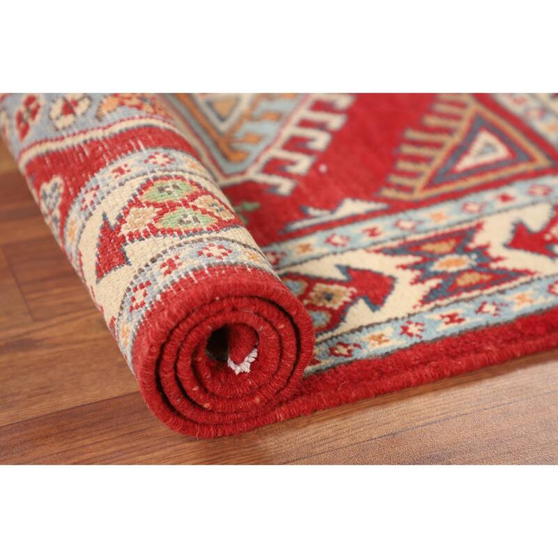 Geometric Red Kazak Oriental Accent Rug Handmade Foyer Wool Carpet - 2'7" x 3'10"