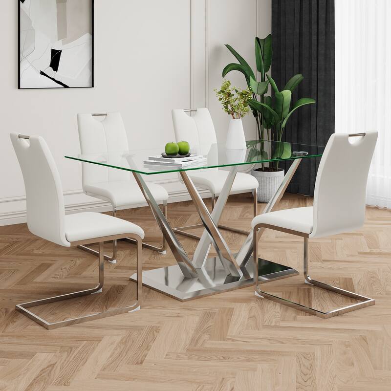 63" Glass Dining Table Set for 4, 5 Piece Dining Table and Chairs Set, Rectangular Table with 4 Faux Leather Chairs & Metal Legs
