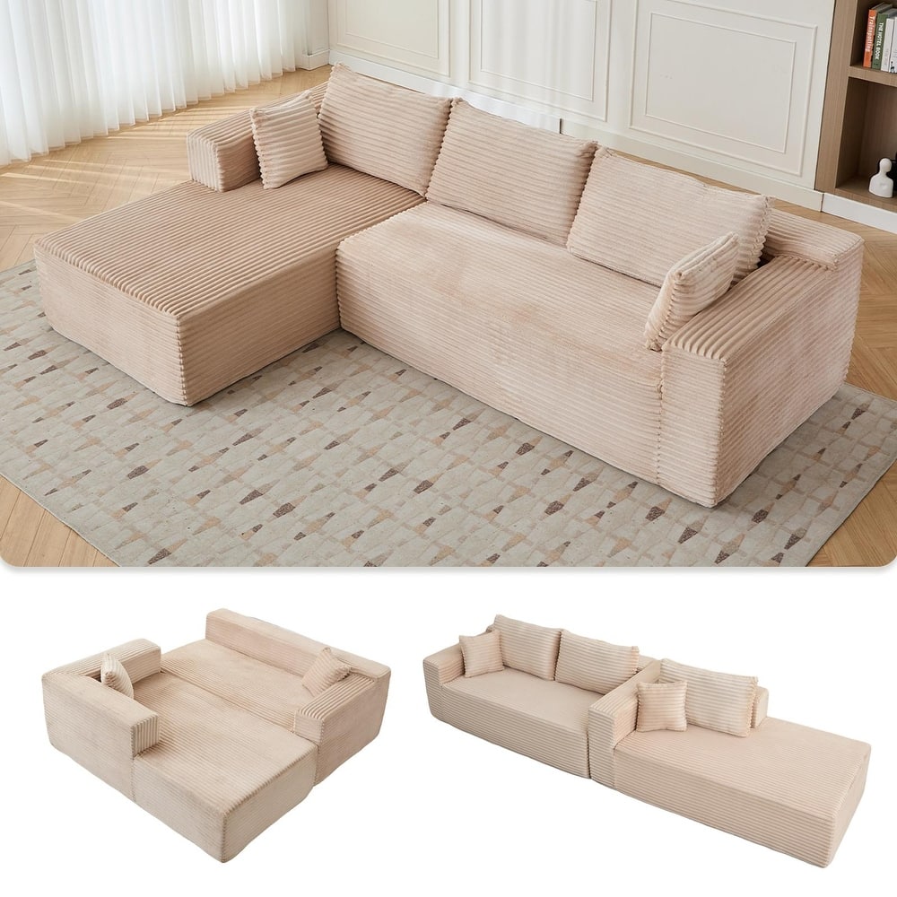 Modular L Shaped Sectional Sofa with Chaise Lounge, Corduroy Upholstered Boneless Sleeper Sofa, Compression Sofa with Deep Seat
