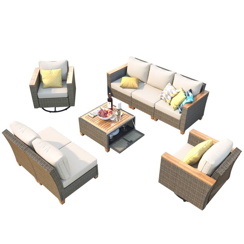 8-Piece Outdoor Patio Wicker Conversation Sofa Set with 2 Swivel Rocking Chairs and Acacia Storage Table