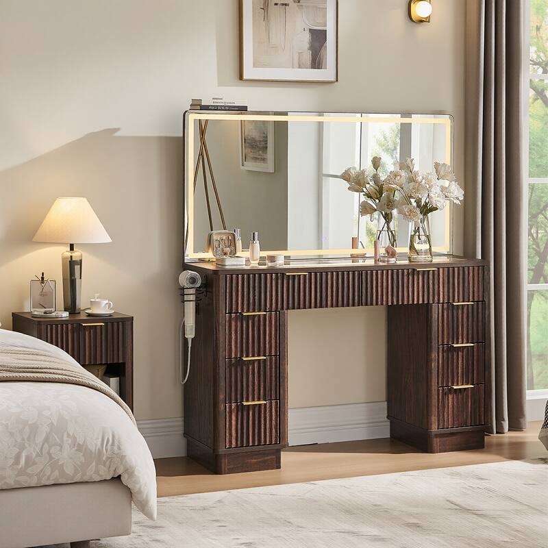 Modern Fluted Makeup Vanity Desk with Mirror, Lights, Charging Station