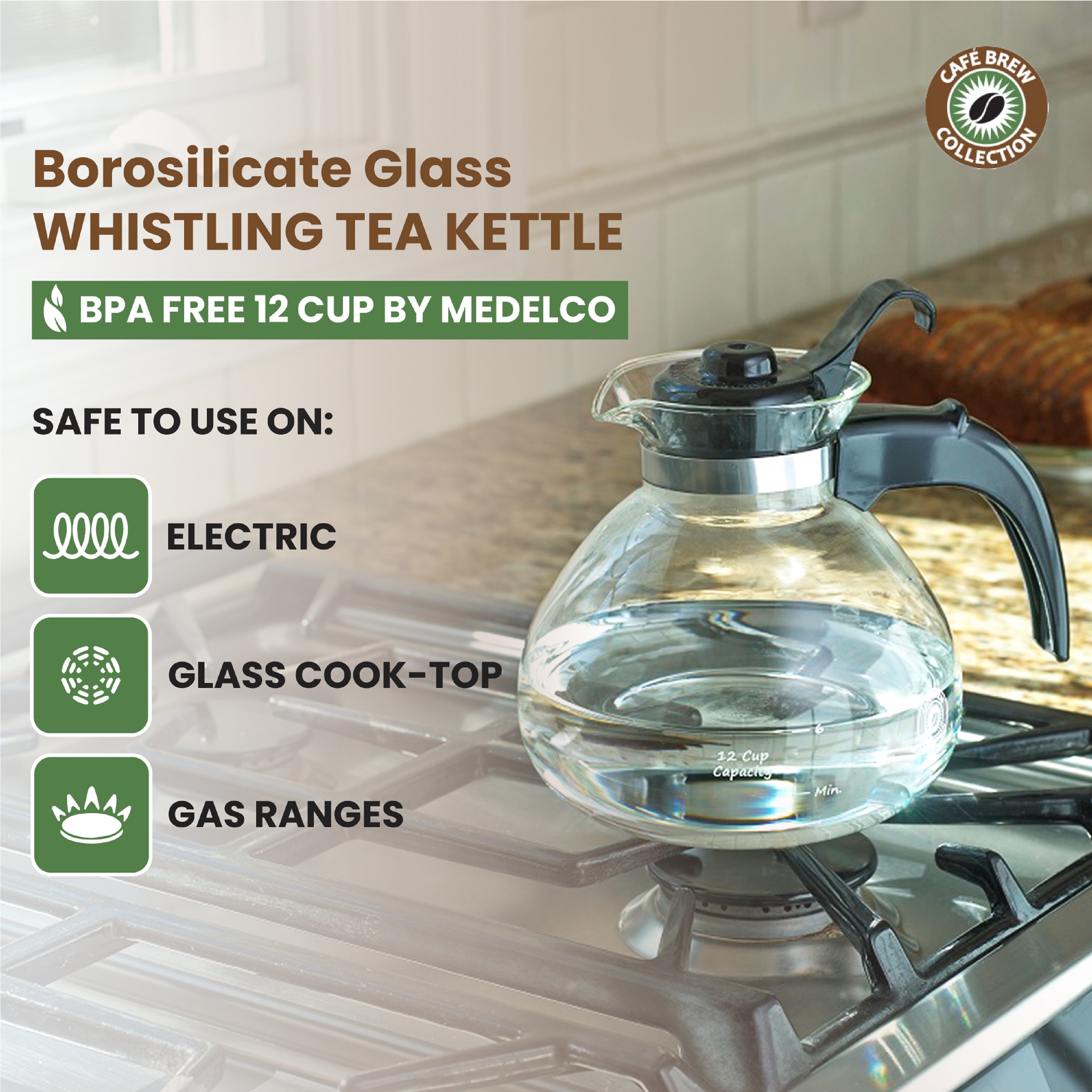 12 Cup Glass Stovetop Whistling Kettle - Black/Clear - 40 ounce