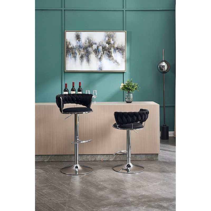 Set of 2 Bar Stools,with Chrome Footrest and Base Swivel, Height Adjustable, Velvet Upholstered + Chrome Leg Simple Bar Stool