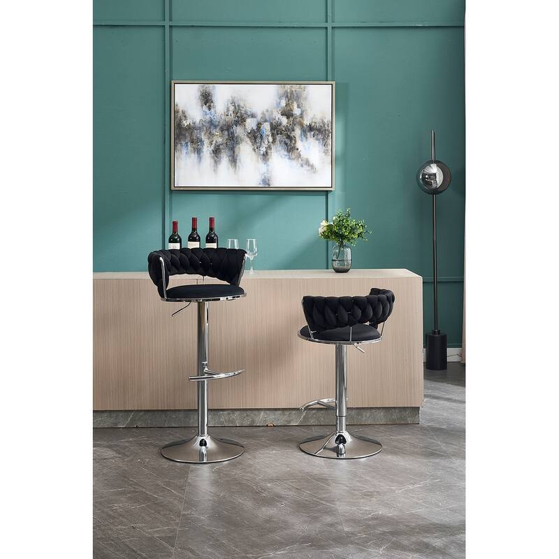 Set of 2 Bar Stools,with Chrome Footrest and Base Swivel Height Adjustable Mechanical Lifting Velvet + Chrome Leg