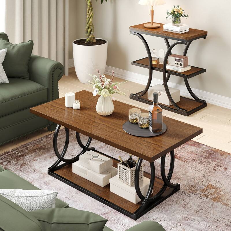 41.7-inch 2-Tier Rectangle Wood Coffee Table for Living Room - 41.7"L x 21.7"W x 17.7"H