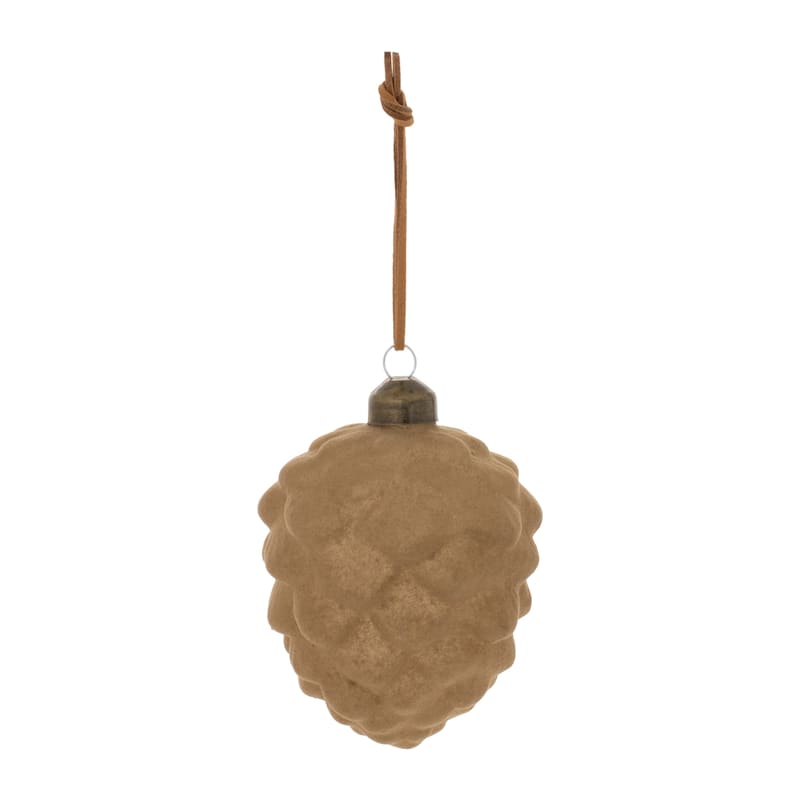 Brown Flocked Glass Pinecone Ornaments with Leather Cord Set of 12 Rustic Decor - 2.75” x 2.75” x 3.75” (L x W x H)