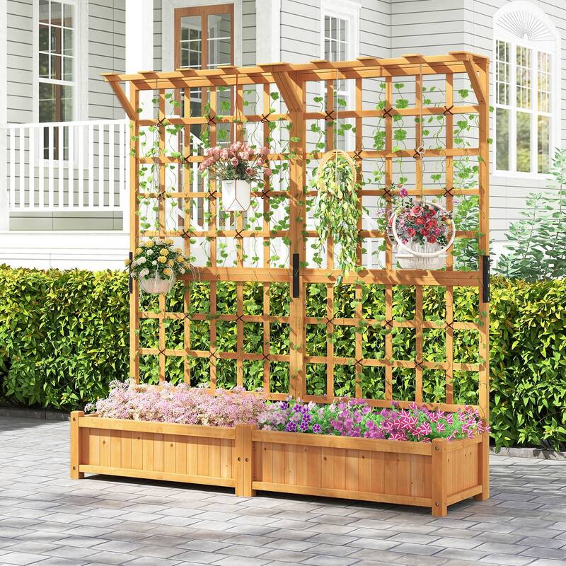 Costway 71" Large Wooden Planter Container with Trellis, Hanging Roof - See Details
