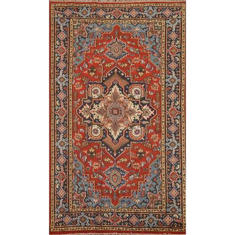 Geometric Red Heriz Serapi Oriental Area Rug Hand-knotted Wool Carpet - 4'11" x 7'11"