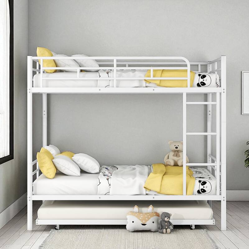 Full Over Full / Full XL Over Queen Metal Bunk Bed with Trundle, Convertible Design and Guardrails - White - Full