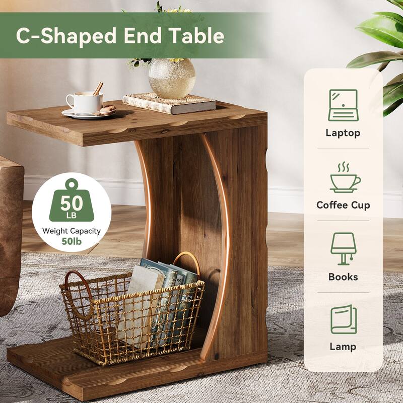 Solid Wood End Table, Narrow C Shaped Side Table with 2-tier Storage