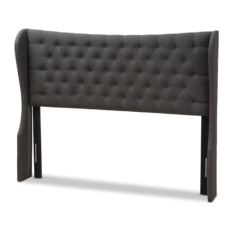 Modern Dark Grey Fabric Button Tufted Queen Size Winged Headboard with Padded Upholstery and Adjustable Legs