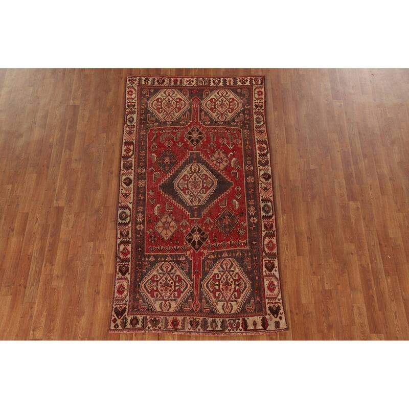 Red Shiraz Persian Antique Area Rug Handmade Wool Carpet - 3'11"x 7'6"