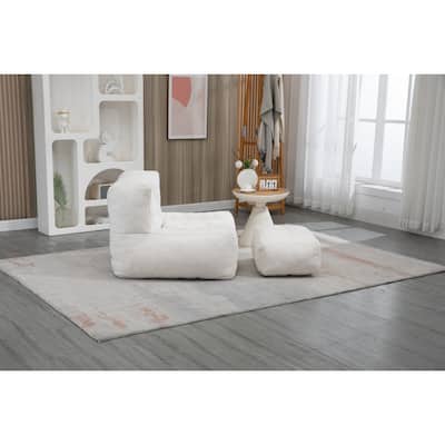 Fluffy Bean Bag Chair White Lazy Sofa Chair with Memory Foam & Ottoman