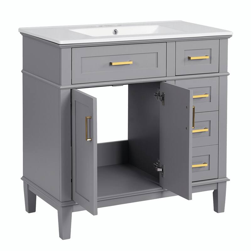 36" Modern Bathroom Vanity with Ceramic Sink, Soft Close Doors, 4 Drawers for Storage
