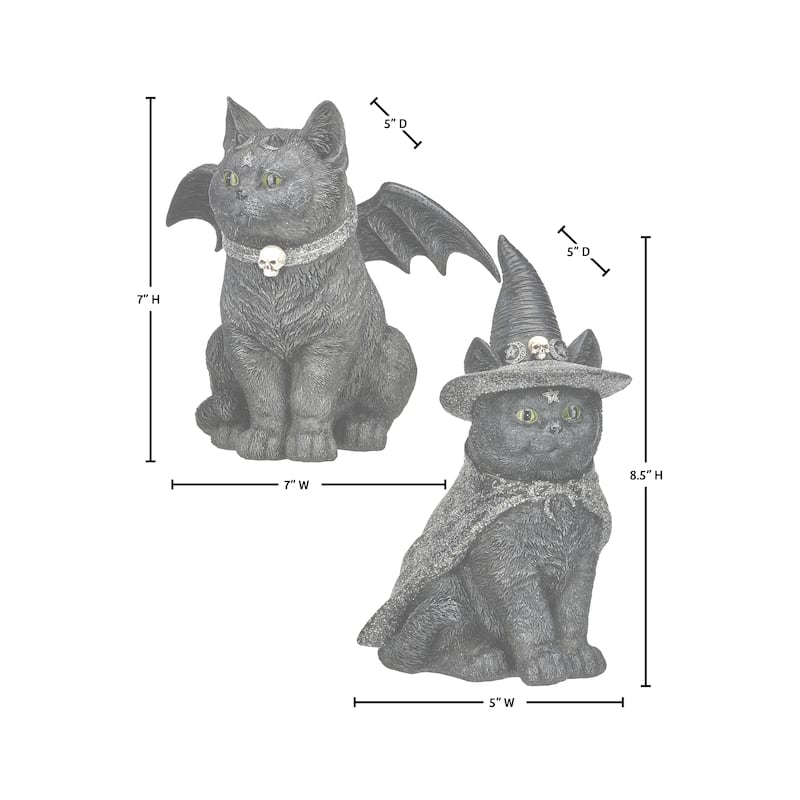 8.5" Resin Black Cat Witch Bat Set of 2
