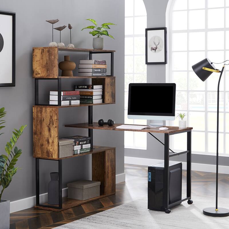 Versatile Home Office L-Shaped Desk with 5-Tier Storage, Adjustable Setup, Lockable Casters, and Sturdy Steel Frame