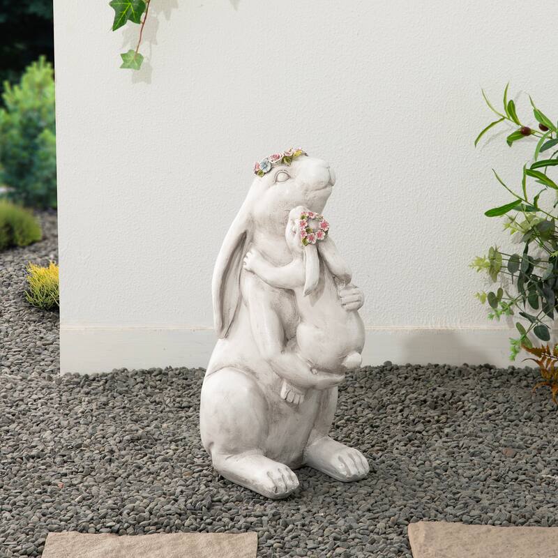 Glitzhome MGO Cute Sitting Bunny Hugging Mom and Baby Rabbit Garden Statue Indoor Outdoor Decoration