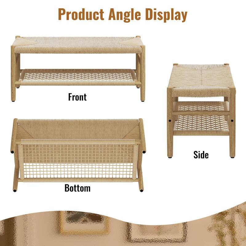 Solid Rubber Wood Entryway Shoe Bench with Hand Rope Design and Storage Shelf, Dining Bench, Boho Farmhouse Natural Shoe Rack