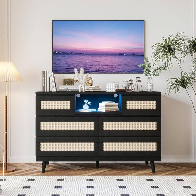Modern Rattan 6-Drawer Dresser w/ LED Light, Deep Drawers