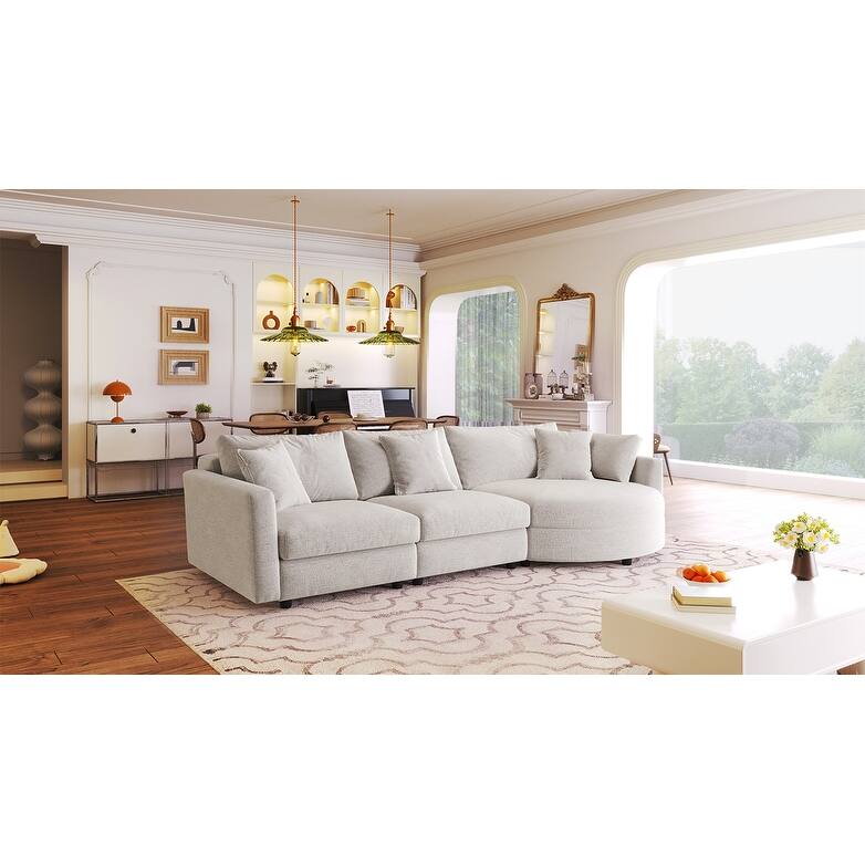 Chenille 3 Piece Sectional Sofa with Curved Chaise and 3 Throw Pillows